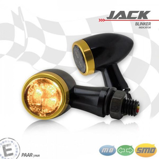 SMD- Blinker Set Jack Alu schwarz mit Zierring gold M8 getönt Ø 22 mm E-geprüft
